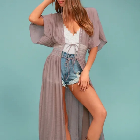 Lulus Mauve Pink Embroidered Maxi Top Cover up Cardigan with Lace - Picture 2 of 8